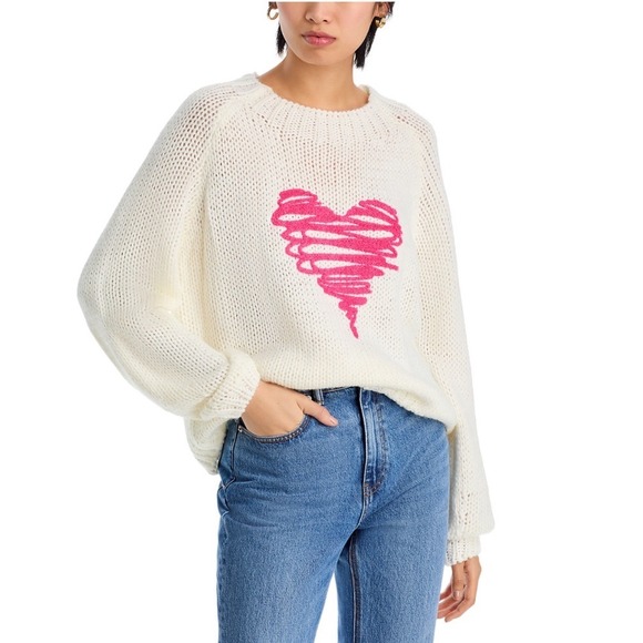 Elan Sweaters - Elan Heart Crewneck Sweater Off White Pink Squiggle Heart BD-SWP11468 MEDIUM NEW
